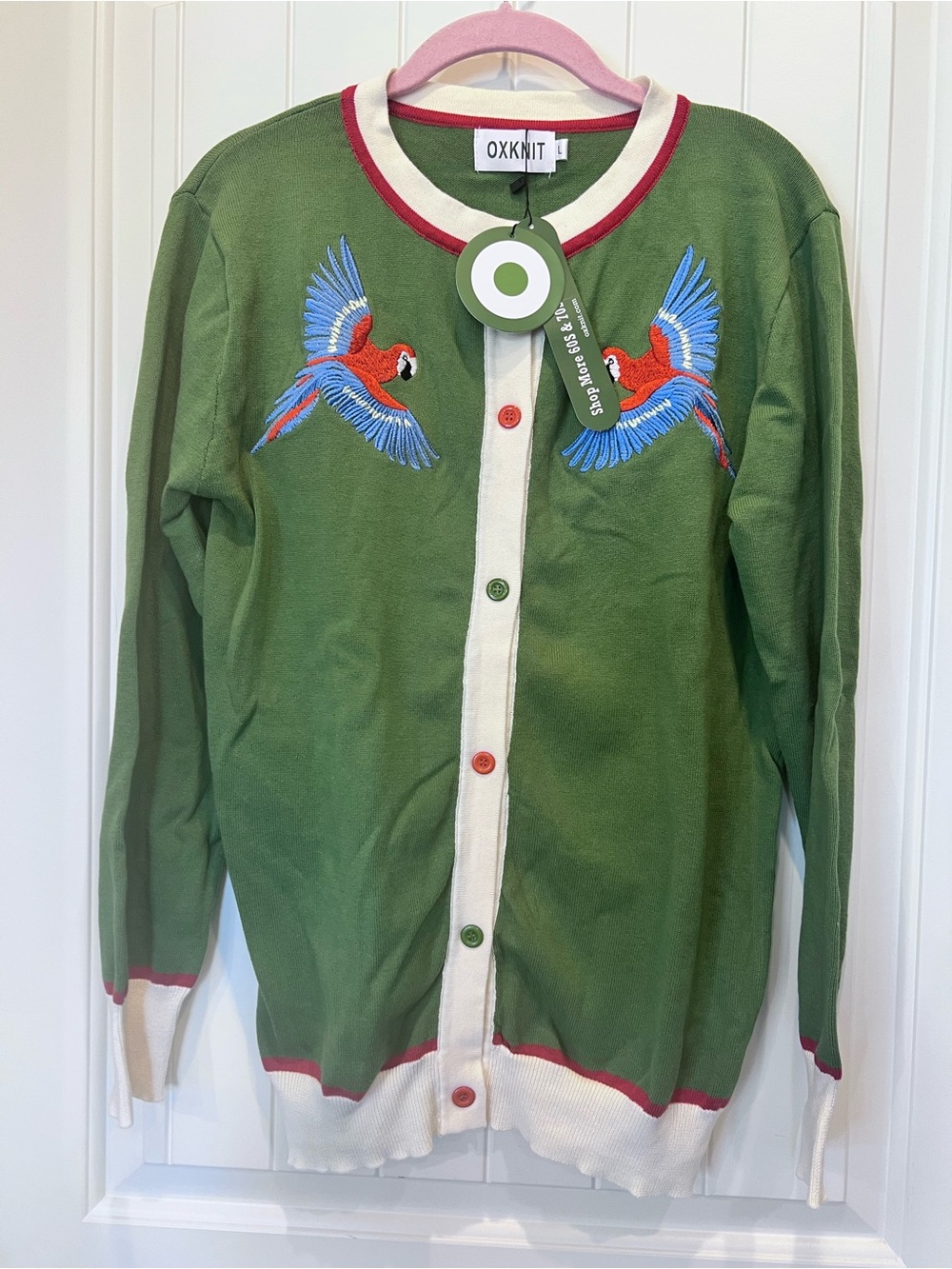 NWT OXKNIT Green Cardigan Embroidered Parrots 100 Cotton Sz Large